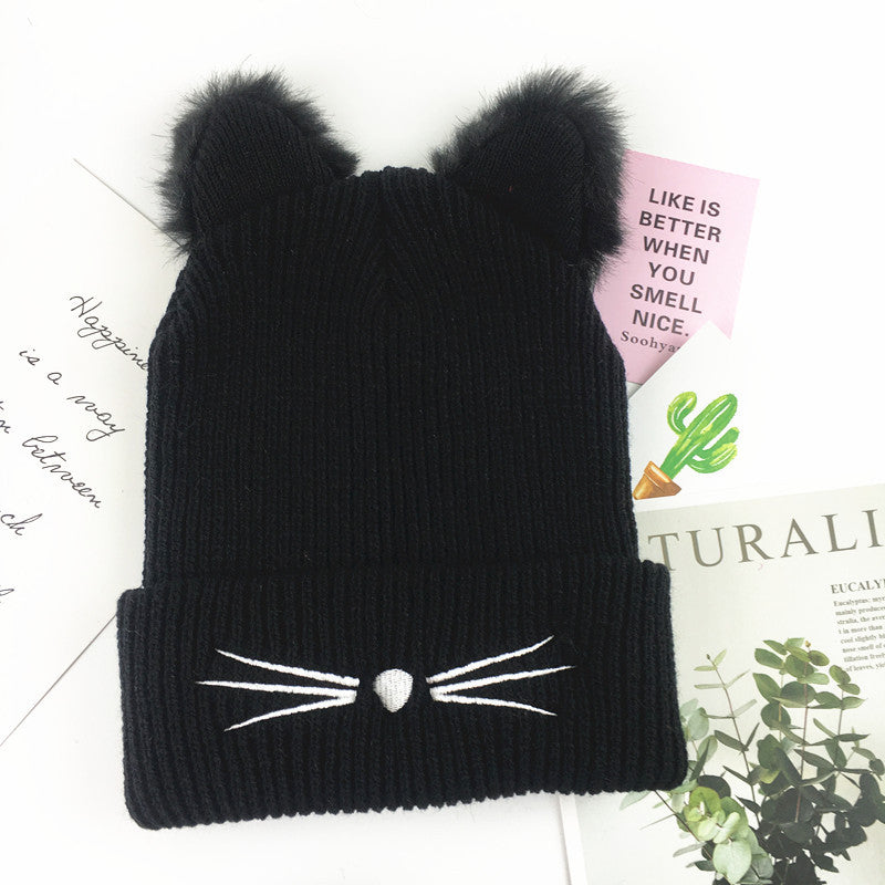 Wholesale Cute Cat Embroidery Furry Cat Ears Wool Hat